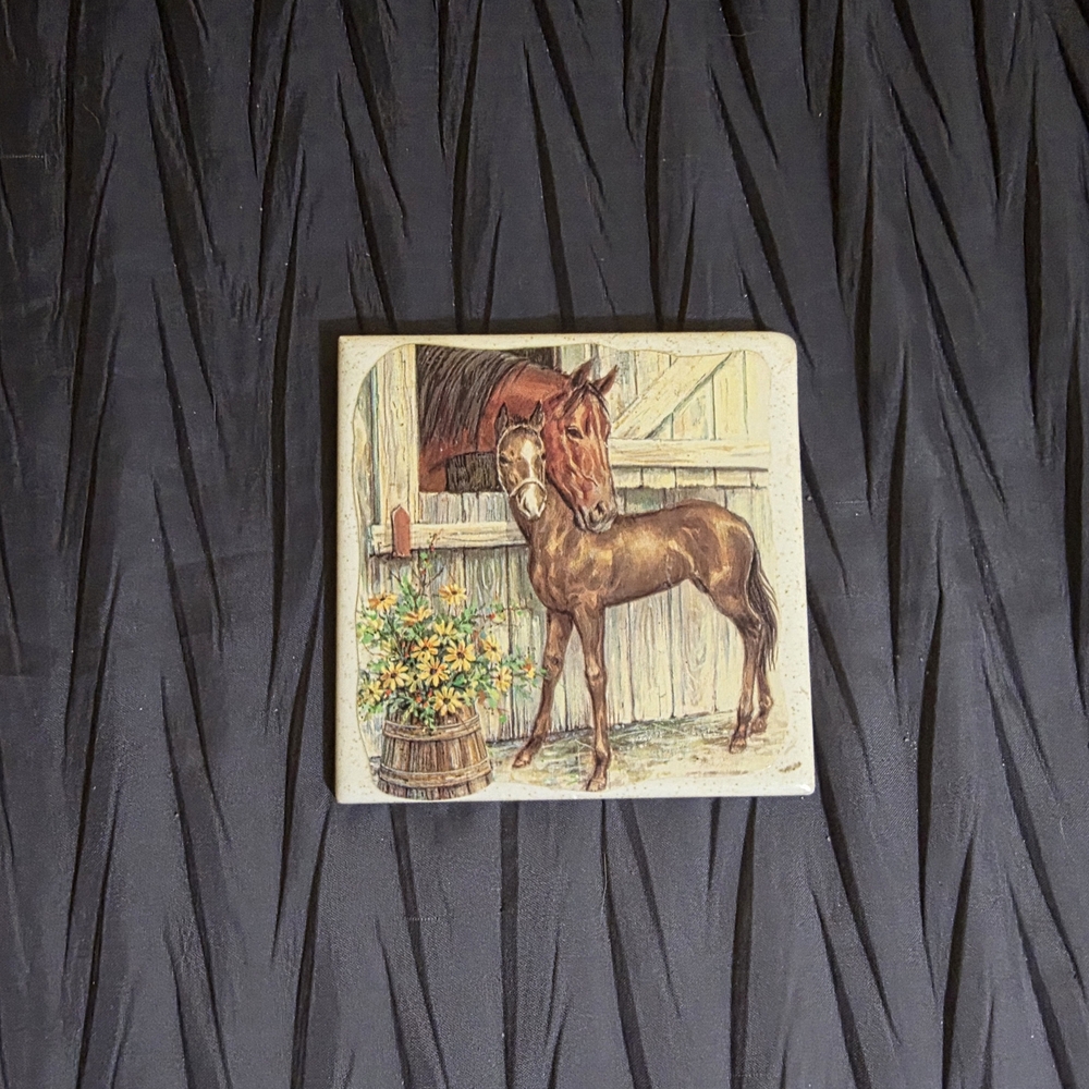 Charming Brown Mare And Foal Tile. NTK Japan